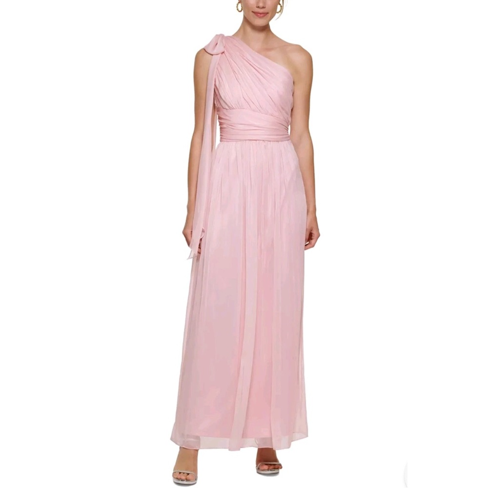 NWT DKNY Womens Blush Pleated One Shoulder With Bow Banded Waist Gown Size 6
